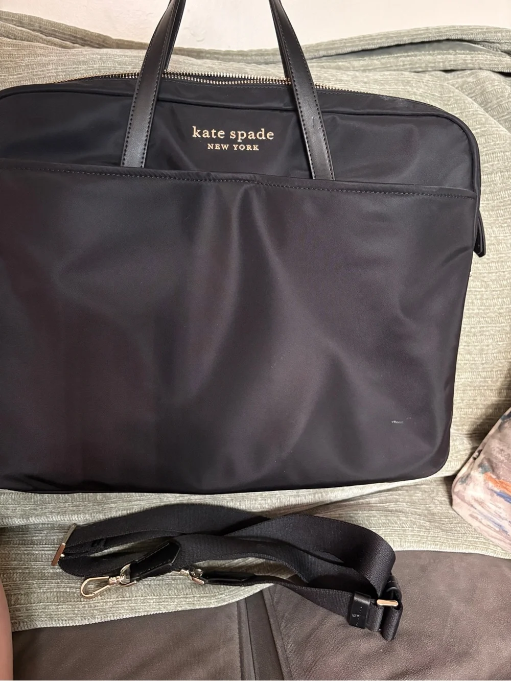 kate spade black nylon laptop brief with leather handles and removable strap
